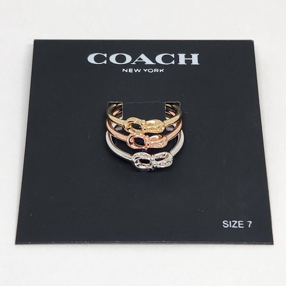 COACH Signature Pave Stackable 3 Ring Set Gold, Rose Gold, Silver - Size 7 NEW - Picture 1 of 5